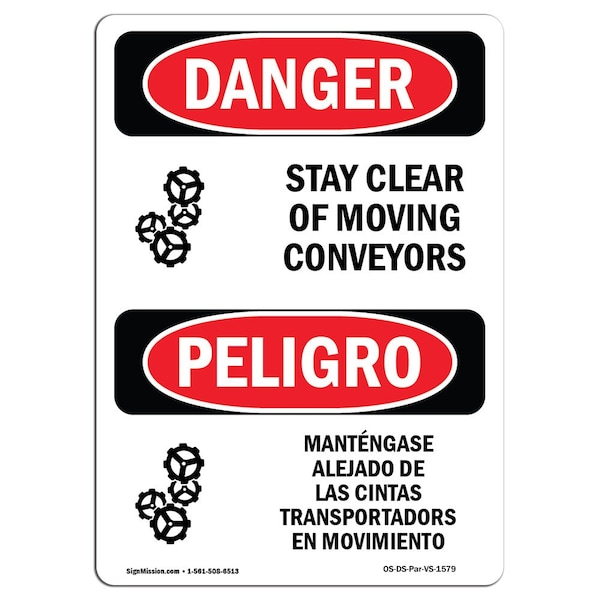 OSHA, Stay Clear Of Moving Conveyors Bilingual, 24in X 18in Rigid Plastic, 18" W, 24" H, Spanish